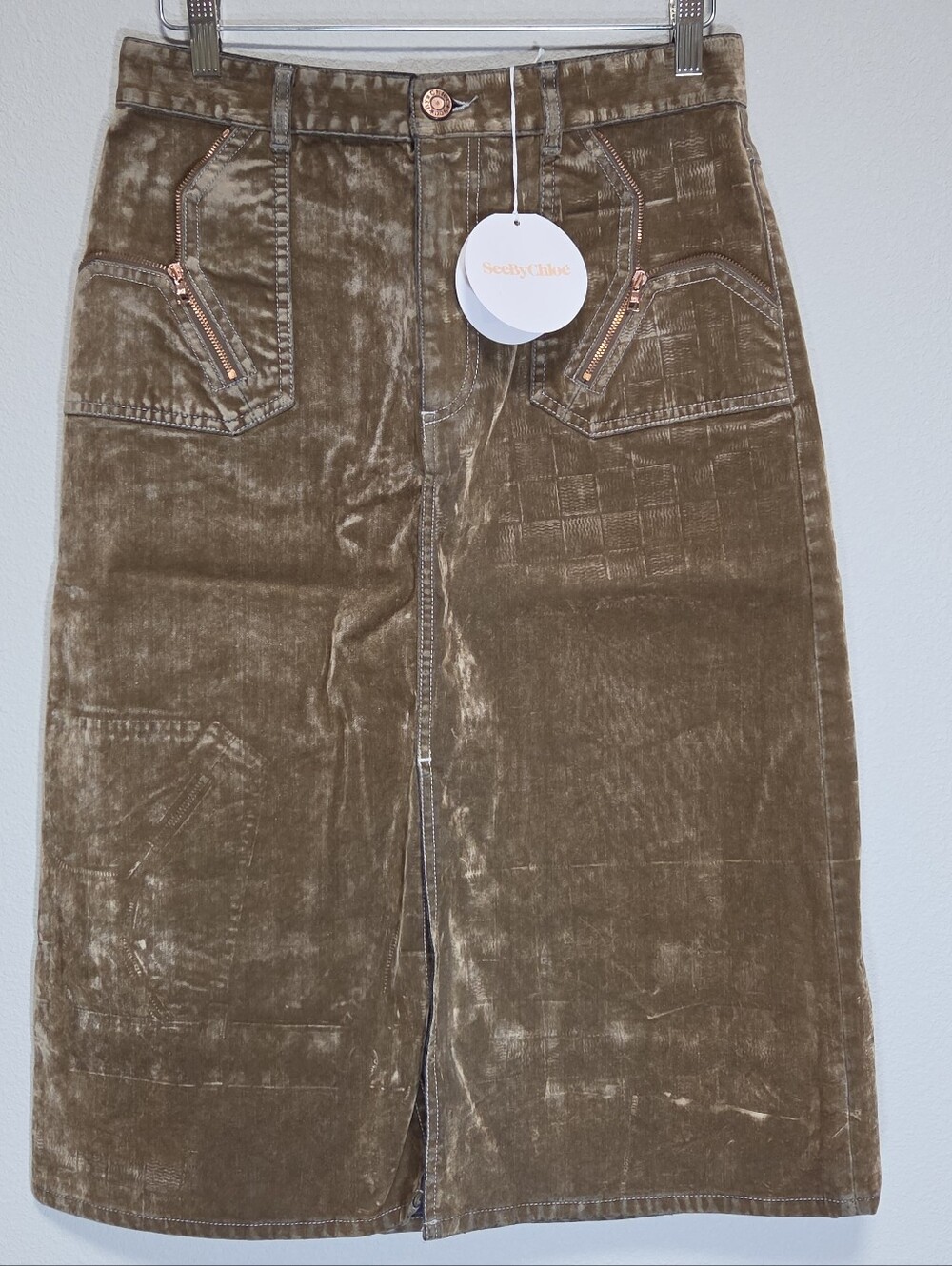 See By Chloe Zip-detailed Crushed Velvet Tan Midi Skirt